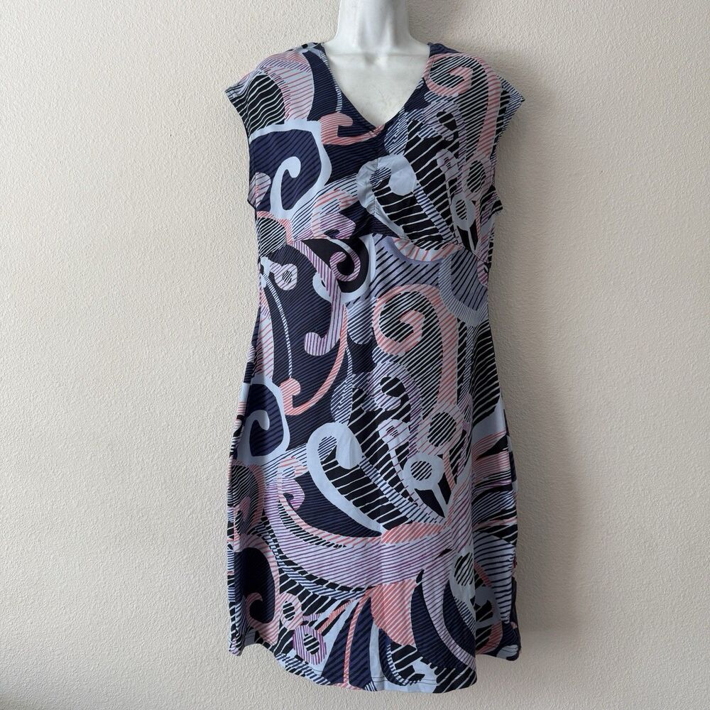 Title Nine Amelia Dress L Diamalete Multicolor Abstract Swirl V-neck Athletic